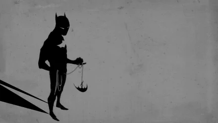 Silhouetted Batman Beyond figure holding a small bat against a textured gray background, designed as a HD PC desktop wallpaper with a comic-inspired style.