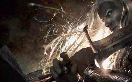 HD fantasy desktop wallpaper featuring a fierce fantasy warrior with glowing eyes gripping a large, ornate sword amid a dark, mystical background.