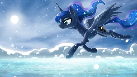Princess Luna from My Little Pony: Friendship Is Magic is depicted in this HD desktop wallpaper, gracefully running across a snowy landscape under a bright sky.