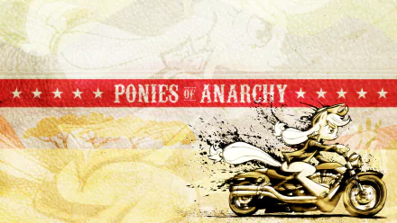 HD PC desktop wallpaper: Applejack from My Little Pony on a motorcycle under a Ponies of Anarchy banner — a Sons of Anarchy TV show crossover background.