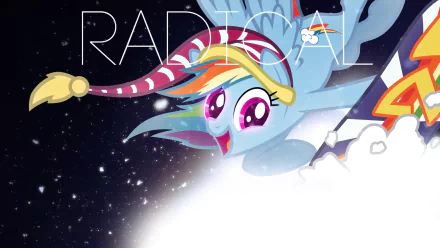 HD vector wallpaper featuring Rainbow Dash from the TV show My Little Pony: Friendship Is Magic, set against a starry background with dynamic text elements.