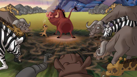 HD PC desktop wallpaper featuring characters from the movie The Lion King 1 1/2 gathered in a lively savanna scene.
