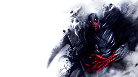 A striking 4K Ultra HD wallpaper featuring a dark, menacing demon figure draped in shadows, surrounded by eerie, ghostly apparitions, enhancing any desktop background with a fierce vibe.