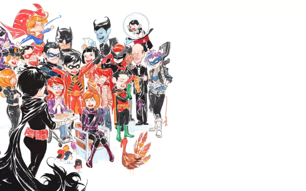 HD PC desktop wallpaper featuring Alfred Pennyworth, Robin, Nightwing, Supergirl, Huntress, and Batman in vibrant comic-style art.