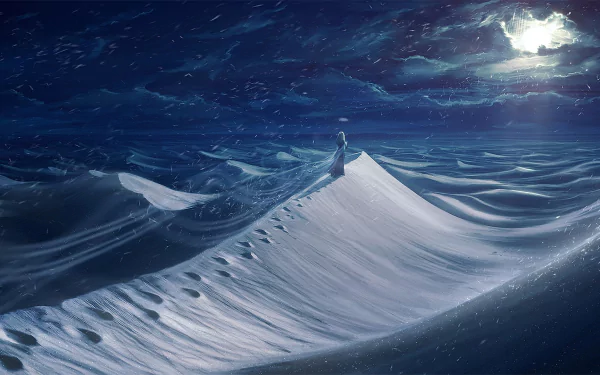 HD desktop wallpaper featuring a fantastical winter landscape in a desert with sand shaped like waves under a starry sky, marked with a trail of footprints.