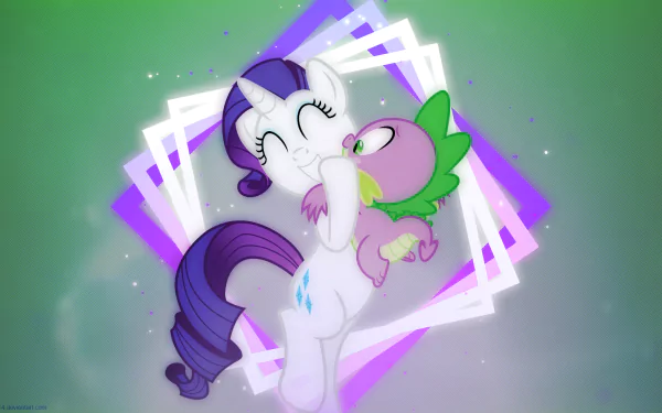 HD vector wallpaper featuring Spike, the dragon, hugging Rarity from My Little Pony: Friendship Is Magic in a colorful, geometric background from the TV show.
