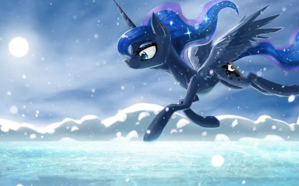 Princess Luna from My Little Pony: Friendship Is Magic is depicted in this HD desktop wallpaper, gracefully running across a snowy landscape under a bright sky.