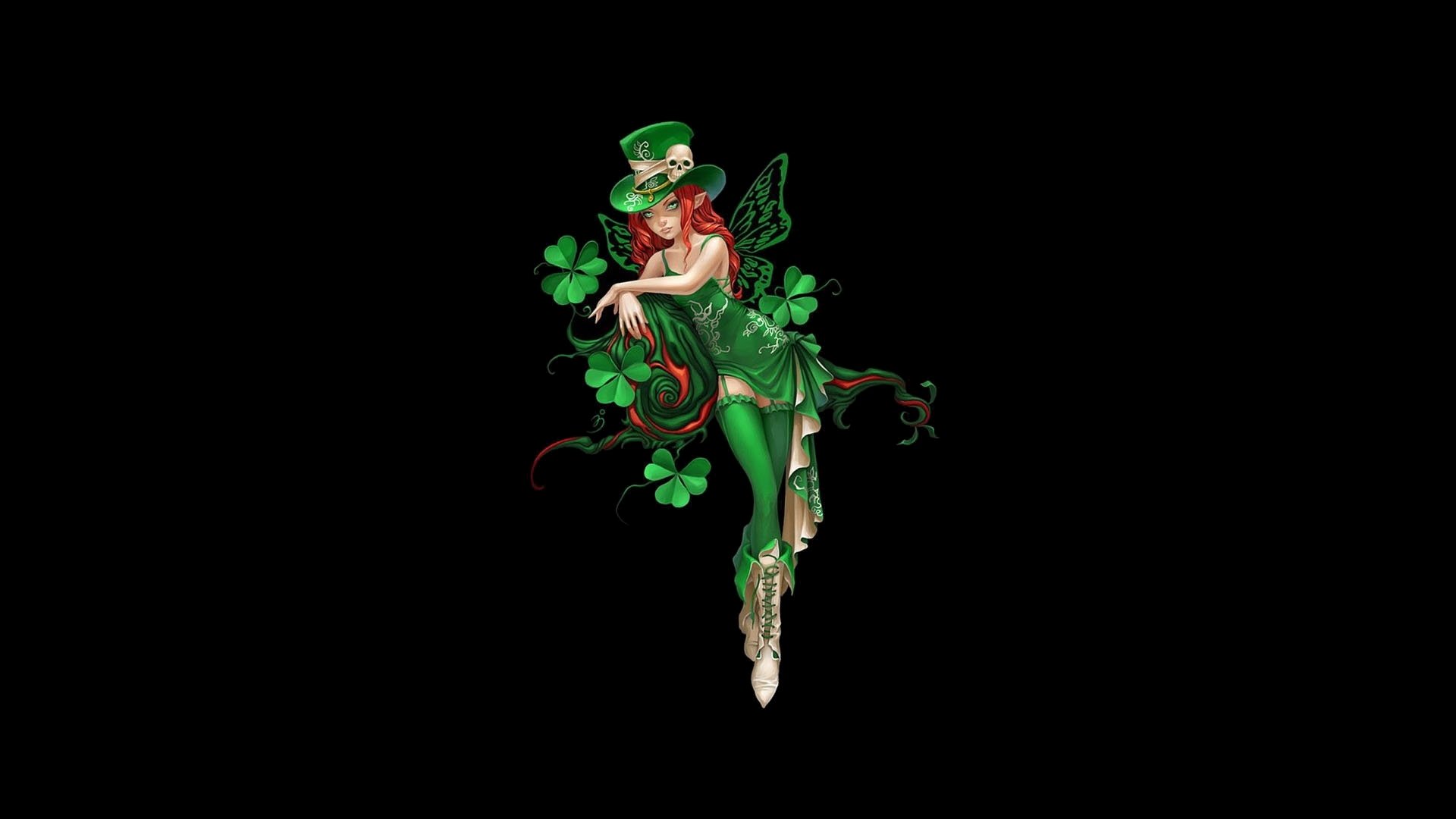 A vibrant St. Patrick's Day fantasy fairy in green attire, adorned with shamrocks and a top hat, against a strikingly dark background, creating an enchanting HD desktop wallpaper.