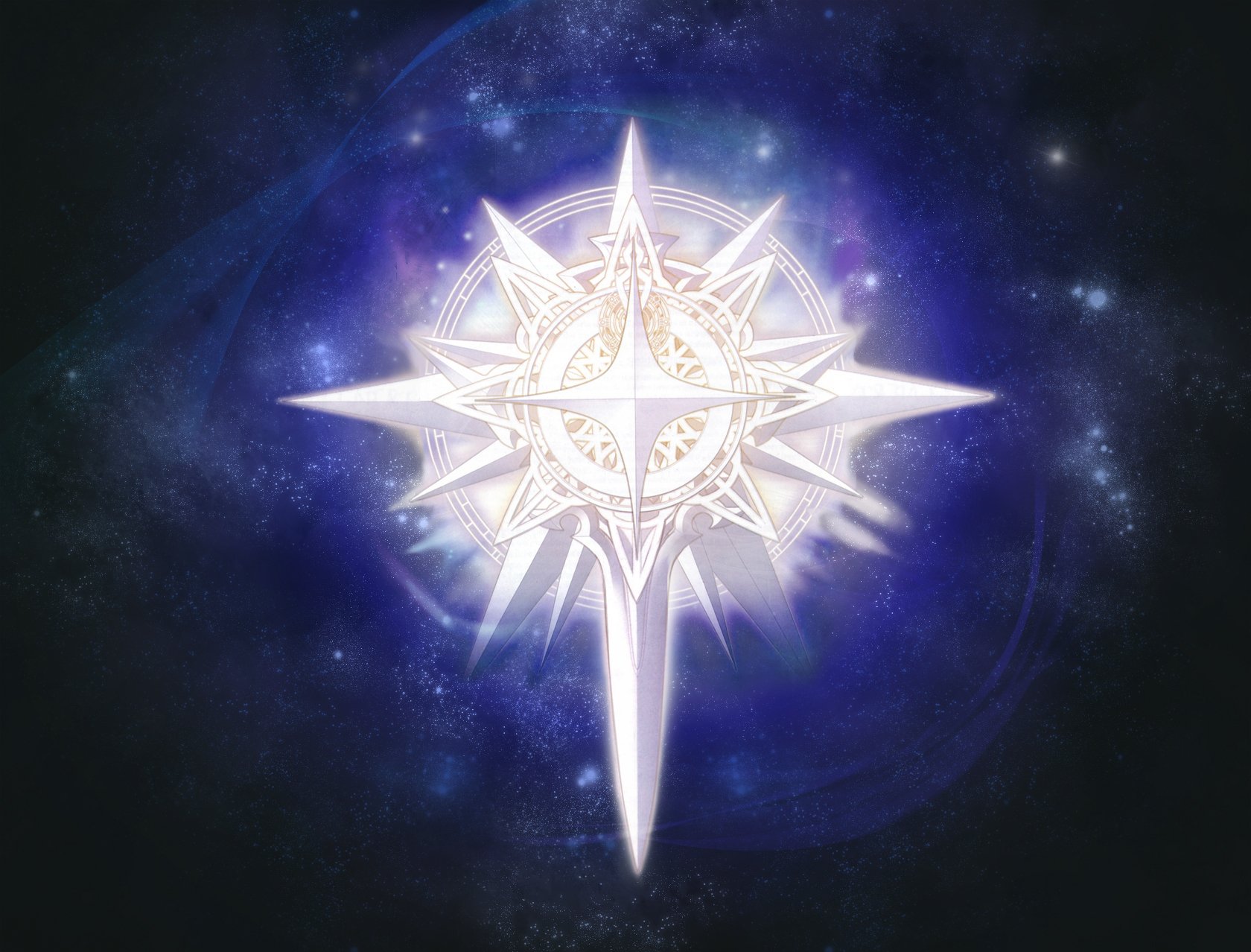 HD PC desktop wallpaper featuring a glowing, intricate compass design from the video game Tales of Vesperia against a cosmic blue background.