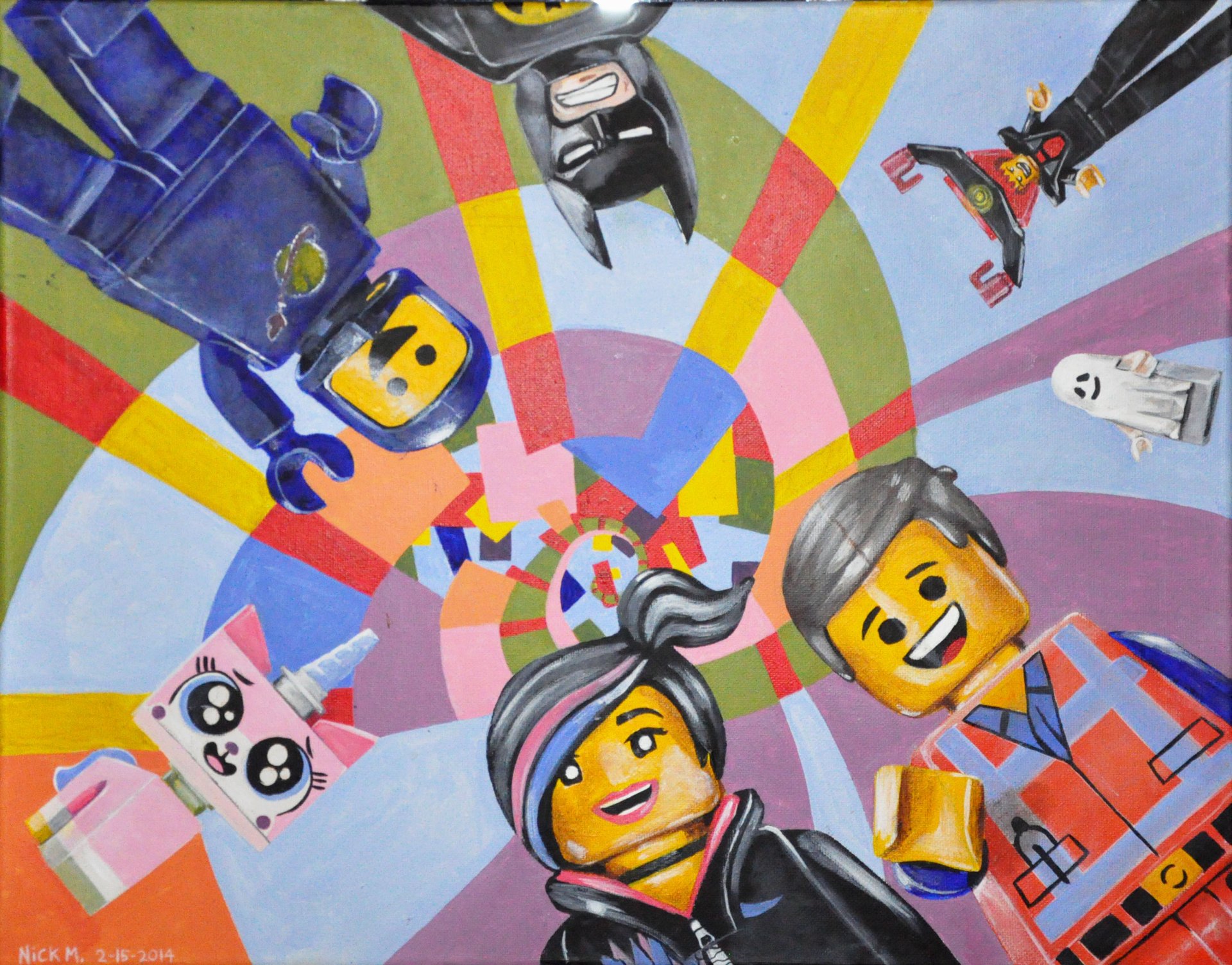 HD desktop wallpaper featuring characters from The LEGO Movie, including Emmet, Wyldstyle, Batman, President Business, Vitruvius, Benny, and Unikitty in a colorful spiral background.