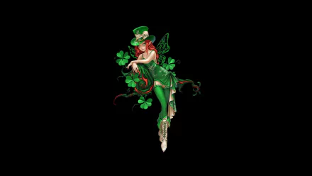 A vibrant St. Patrick's Day fantasy fairy in green attire, adorned with shamrocks and a top hat, against a strikingly dark background, creating an enchanting HD desktop wallpaper.