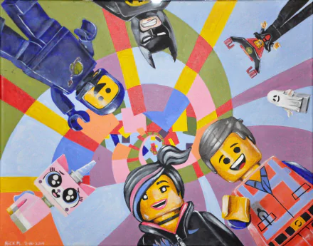 HD desktop wallpaper featuring characters from The LEGO Movie, including Emmet, Wyldstyle, Batman, President Business, Vitruvius, Benny, and Unikitty in a colorful spiral background.