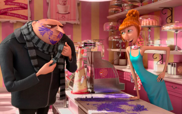 Lucy and Gru from Despicable Me 2 share a playful moment in a colorful bakery, surrounded by vibrant treats and a fun atmosphere in this HD desktop wallpaper.