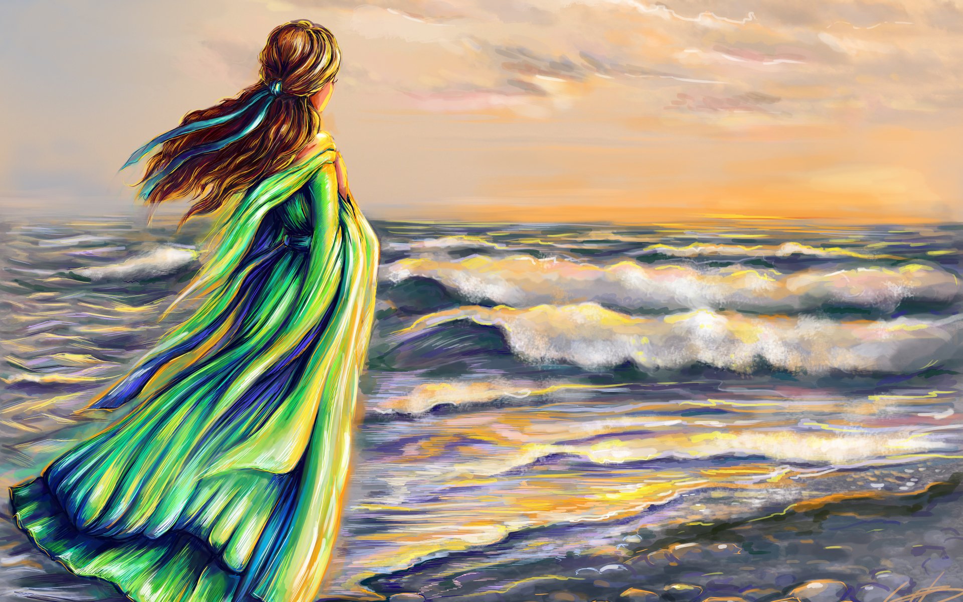 Artistic HD wallpaper of a woman gazing at the sea during sunset, with a vibrant, flowing cloak.