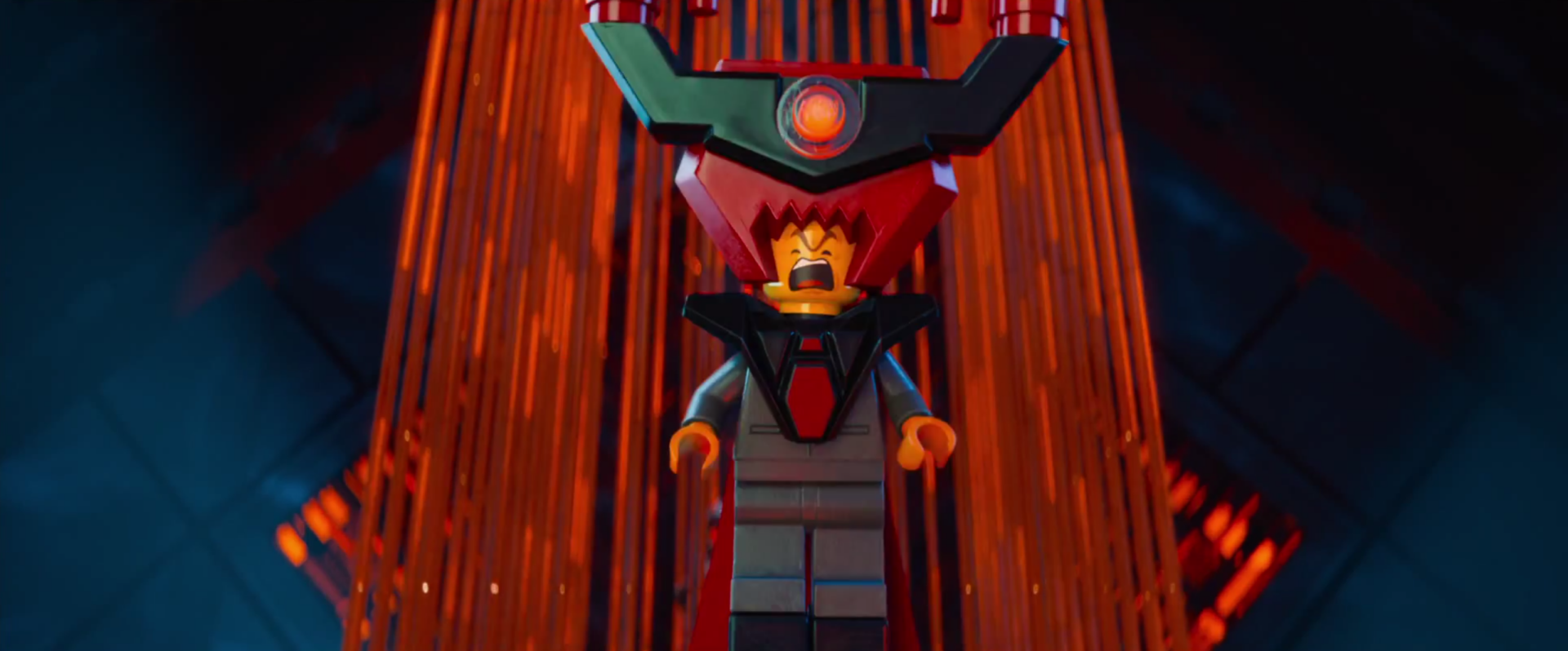 HD desktop wallpaper featuring the Lego Business Lord character from The Lego Movie, surrounded by glowing red futuristic elements.