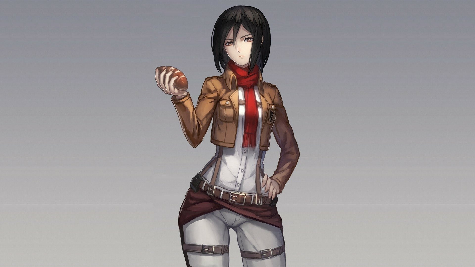 Mikasa Ackerman stands confidently, holding a piece of meat, in this HD wallpaper inspired by the anime Attack on Titan, showcasing her strong character and iconic style.