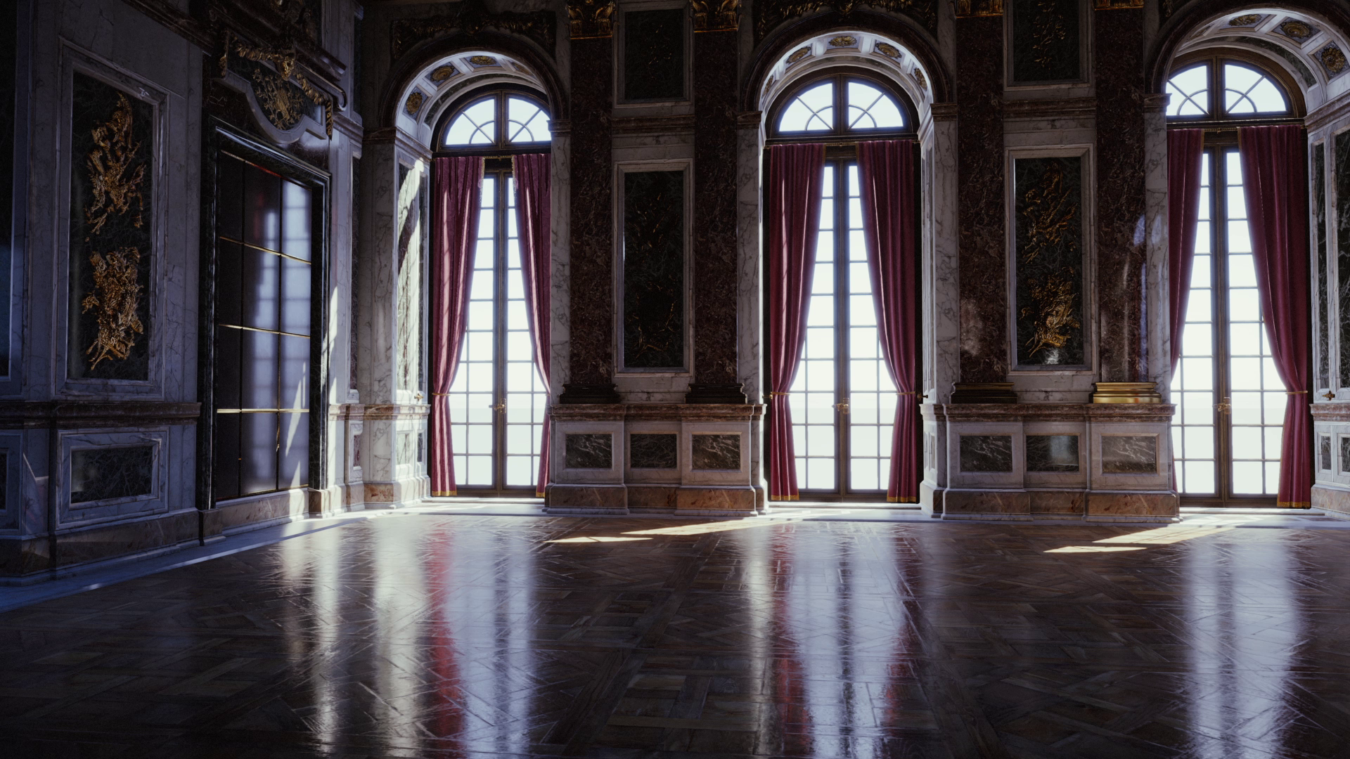 An elegant interior with ornate windows and polished floors, inspired by the world of Assassin's Creed: Unity. This HD PC desktop wallpaper captures a blend of history and artistry.