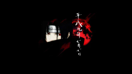 HD desktop wallpaper featuring Itachi Uchiha from the anime Naruto, depicted as an evil ninja with the red moon and Japanese kanji in the background.