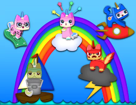 HD PC desktop wallpaper featuring Unikitty and friends from The Lego Movie, set against a vibrant rainbow with playful, colorful Lego-themed characters and elements.