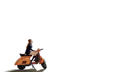 HD desktop wallpaper featuring a woman riding an orange scooter, set against a minimalist white background.