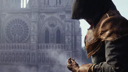 HD wallpaper of Arno Dorian from Assassin's Creed: Unity, standing in front of Notre-Dame de Paris. The image captures the grandeur of the cathedral in the video game.