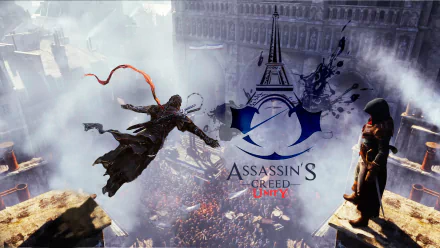 HD desktop wallpaper featuring Assassin's Creed: Unity. The image showcases a character jumping between rooftops with the game’s logo, depicting a chaotic crowd scene in a historic city background.