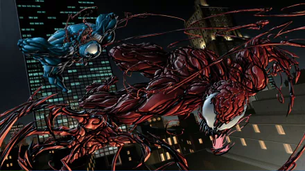 HD comic-style PC wallpaper featuring Marvel Comics’ Venom and Carnage locked in an intense battle on a city rooftop at night.