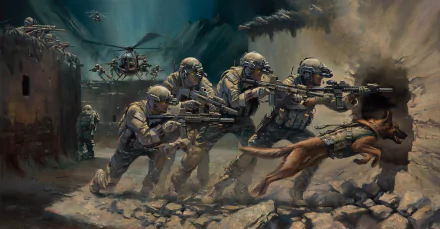 A group of soldiers in tactical gear advances through a rugged terrain, accompanied by a military dog, with a helicopter hovering above. HD wallpaper showcasing military valor.