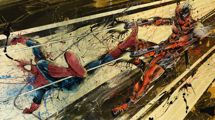 A dynamic HD comic wallpaper showcasing Deadpool battling Spider-Man, featuring vibrant colors and energetic action in Spider-Man vs. Deadpool.