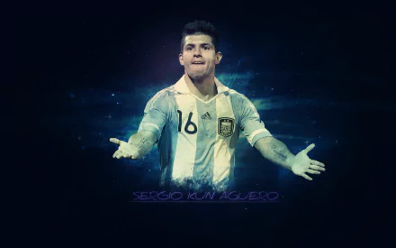 HD desktop wallpaper of soccer player Sergio Agüero in Argentina's national team jersey, set against a dark background with a glowing effect.