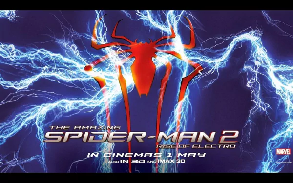 HD desktop wallpaper of 'The Amazing Spider-Man 2' showcasing electrifying graphics with the movie title and release date prominently displayed.
