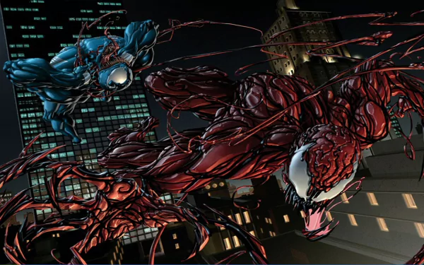 HD comic-style PC wallpaper featuring Marvel Comics’ Venom and Carnage locked in an intense battle on a city rooftop at night.