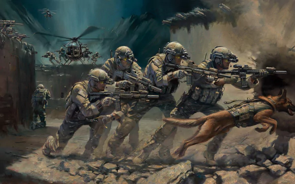 A group of soldiers in tactical gear advances through a rugged terrain, accompanied by a military dog, with a helicopter hovering above. HD wallpaper showcasing military valor.