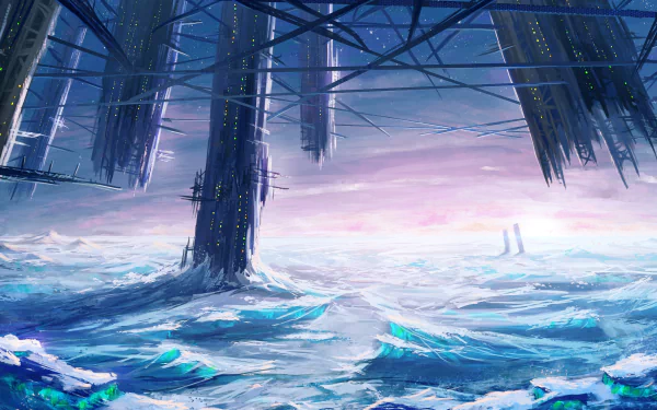 HD desktop wallpaper featuring a sci-fi landscape with towering structures amidst a turbulent, glowing ocean under a pastel sky.