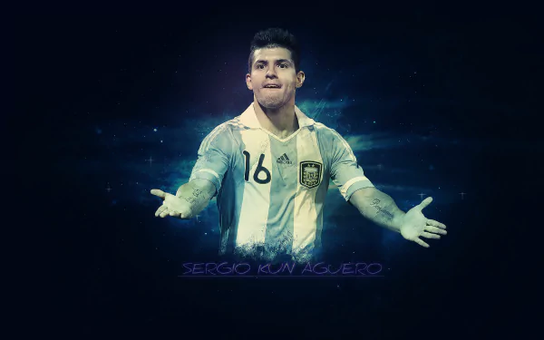 HD desktop wallpaper of soccer player Sergio Agüero in Argentina's national team jersey, set against a dark background with a glowing effect.