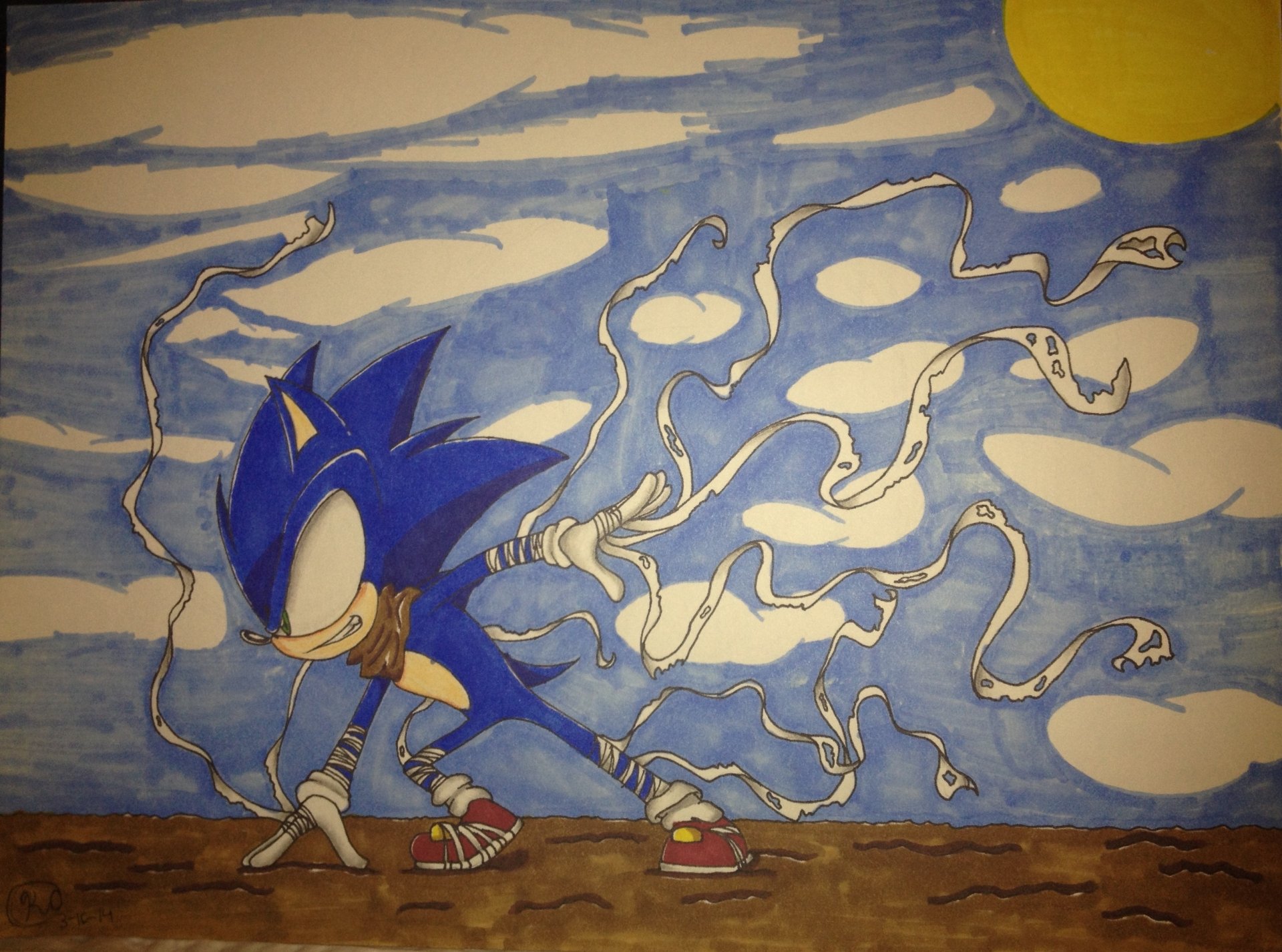 HD desktop wallpaper featuring Sonic the Hedgehog from the TV show Sonic Boom, depicted in an artistic style with dynamic white ribbons against a blue sky background.