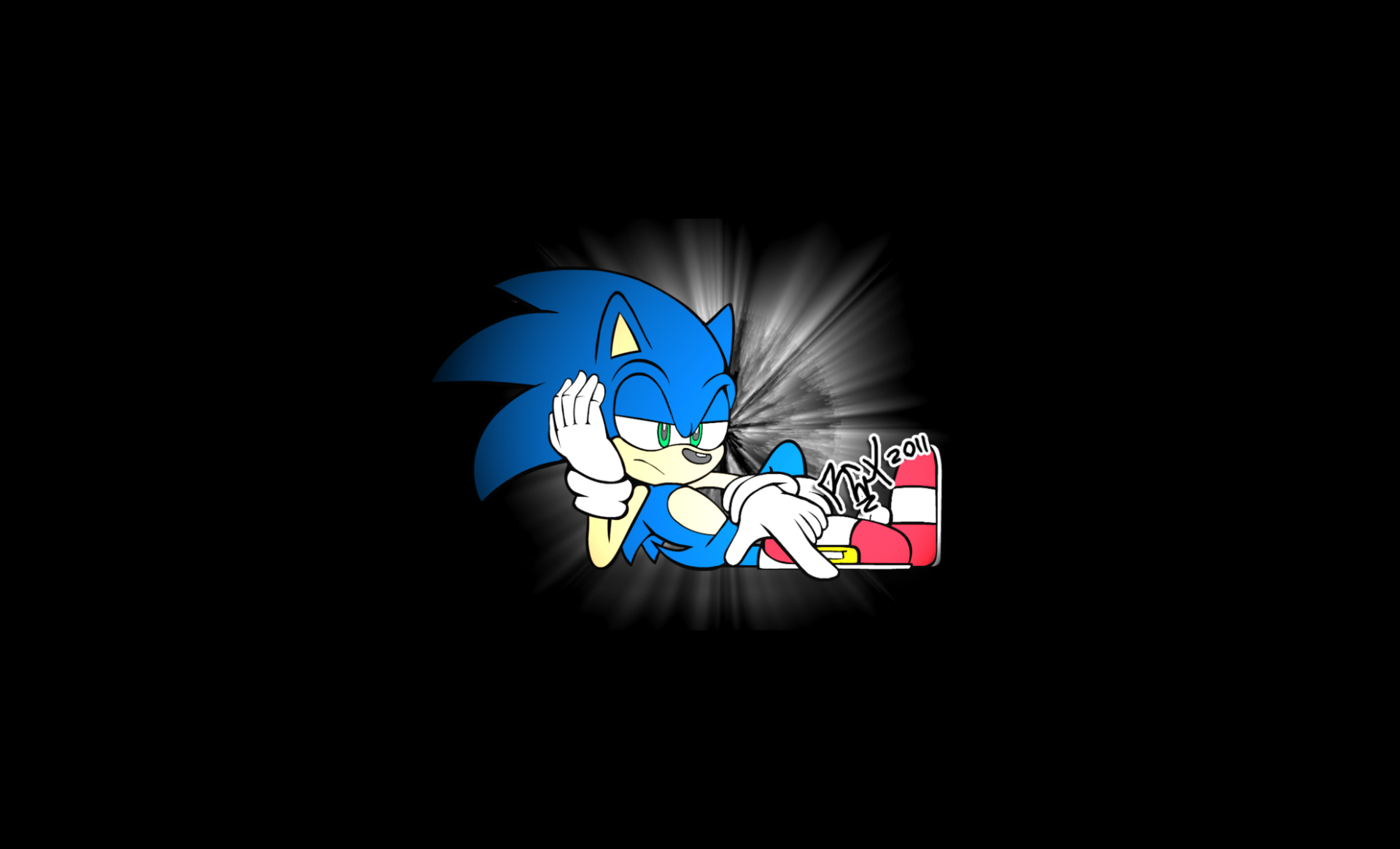 HD PC desktop wallpaper featuring Sonic the Hedgehog lounging with a confident smile, set against a black background, highlighting the iconic video game character.