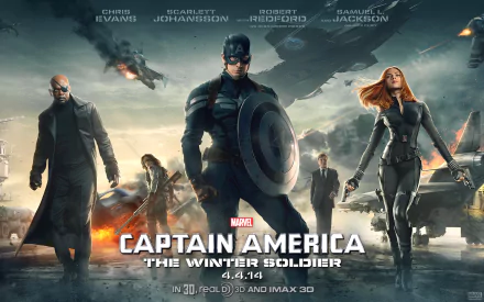 HD wallpaper featuring characters from Captain America: The Winter Soldier, including Captain America, Black Widow, and Nick Fury, alongside actors Chris Evans, Scarlett Johansson, and Samuel L. Jackson.
