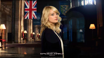 HD desktop wallpaper featuring Emma Stone as Gwen Stacy in The Amazing Spider-Man 2, set against an elegant interior with flags and dim lighting.