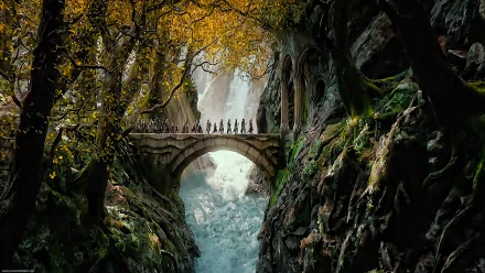 A stunning HD wallpaper from *The Hobbit: The Desolation of Smaug*, showcasing a group crossing a bridge amidst vibrant autumn foliage and cascading waterfalls in a mystical landscape.