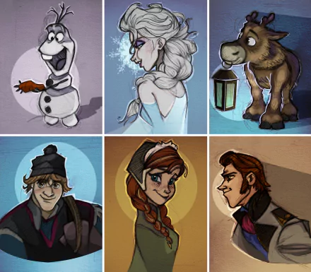 HD desktop wallpaper featuring stylized portraits of Frozen characters Elsa, Anna, Kristoff, Hans, Sven, and Olaf, set against a snowy background.