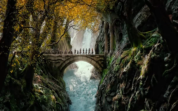 A stunning HD wallpaper from *The Hobbit: The Desolation of Smaug*, showcasing a group crossing a bridge amidst vibrant autumn foliage and cascading waterfalls in a mystical landscape.