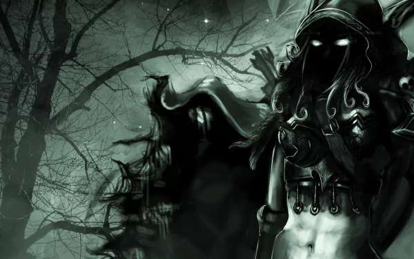 Dark, hooded rogue character with glowing eyes from World of Warcraft, set against a eerie, moonlit forest background in 4K Ultra HD for PC desktop wallpaper.