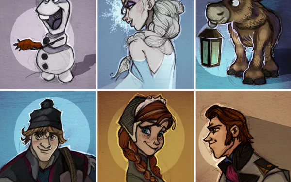 HD desktop wallpaper featuring stylized portraits of Frozen characters Elsa, Anna, Kristoff, Hans, Sven, and Olaf, set against a snowy background.