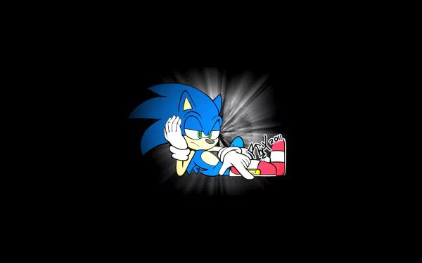 HD PC desktop wallpaper featuring Sonic the Hedgehog lounging with a confident smile, set against a black background, highlighting the iconic video game character.
