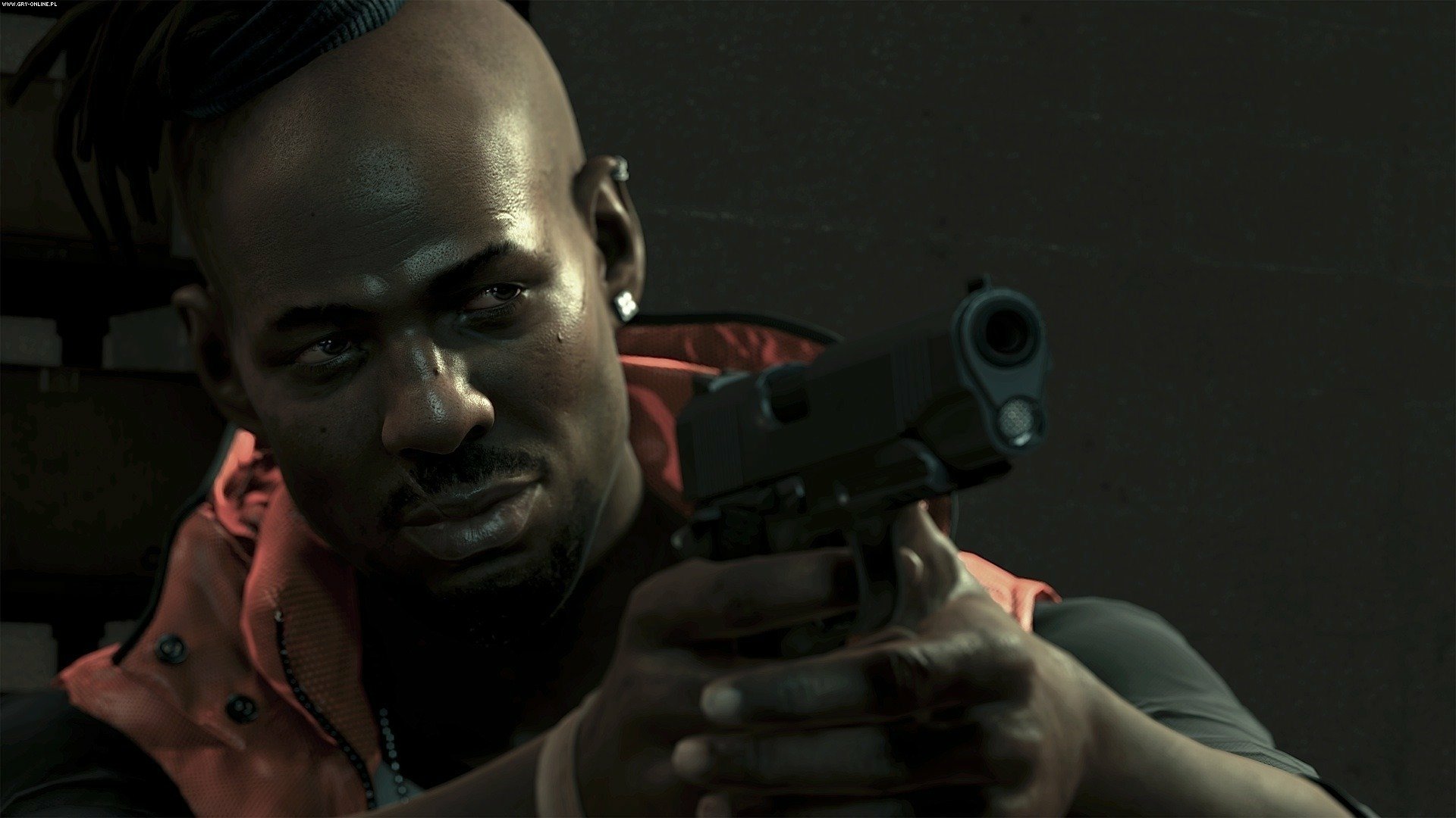 HD PC desktop wallpaper featuring a close-up of a character from the video game Watch Dogs aiming a handgun.