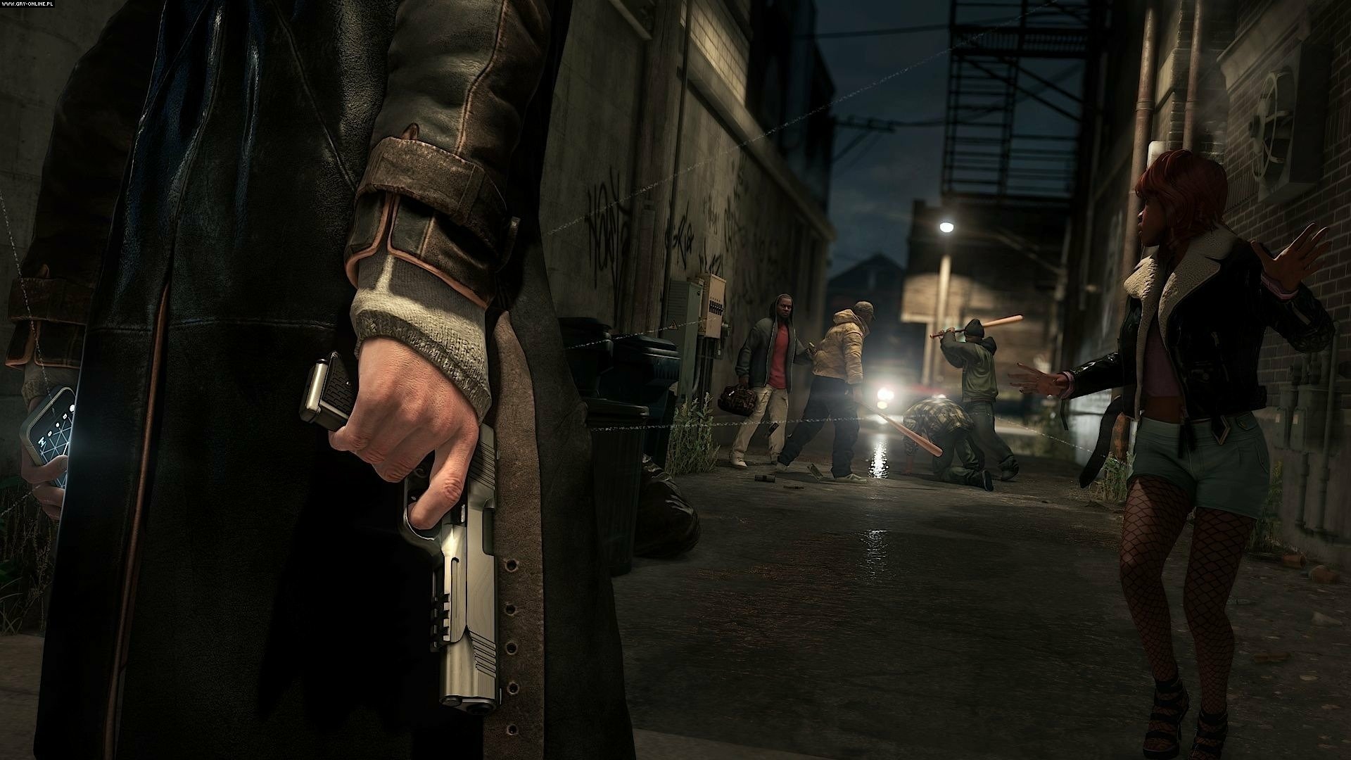 Watch Dogs video game HD PC desktop wallpaper: close-up of a hooded figure holding a pistol in a dim urban alley as other characters and a car's headlights loom in the background.