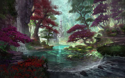 A stunning HD wallpaper from The Elder Scrolls Online, featuring a vibrant, lush landscape with colorful trees and a serene waterway, embodying the game's immersive fantasy world.