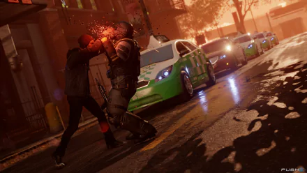 HD wallpaper of inFAMOUS: Second Son featuring a character using powers against an enemy on a city street at dusk.