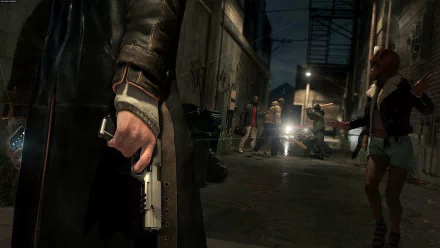Watch Dogs video game HD PC desktop wallpaper: close-up of a hooded figure holding a pistol in a dim urban alley as other characters and a car's headlights loom in the background.